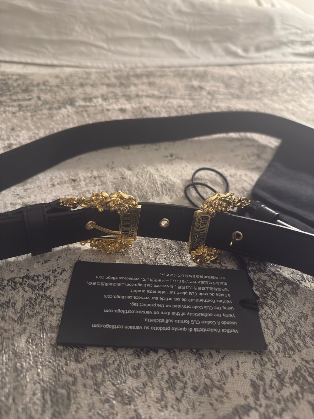 NWT Versace Couture Black Leather Belt with Ornate Gold Buckles - 100